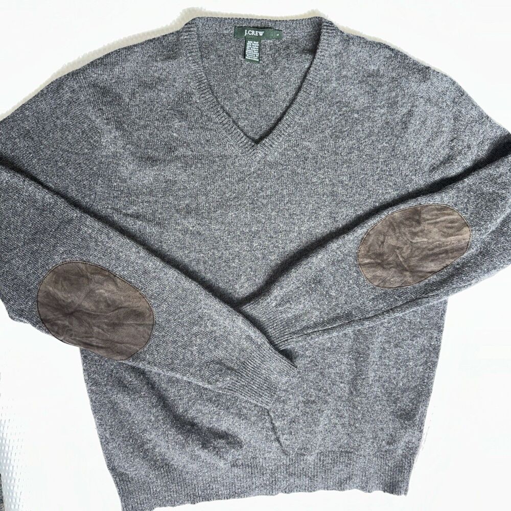 JCrew Wool blend v neck Sweater Mens Suede Elbow Patch size L fits like a M